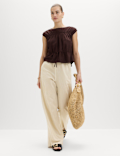 Drawstring Wide Leg Trousers with Linen