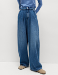 High Waisted Paperbag Pleated Relaxed Jeans