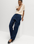 Pure Linen Pleat Front Belted Tapered Trousers