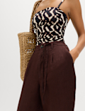 Pure Linen Pleat Front Belted Tapered Trousers
