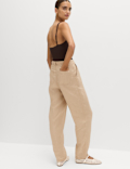 Pure Linen Pleat Front Belted Tapered Trousers