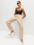 Pure Linen Pleat Front Belted Tapered Trousers