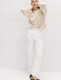 Pure Linen Pleat Front Belted Tapered Trousers