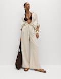Linen Rich Drawstring Wide Leg Trousers