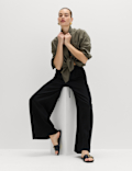 Linen Rich Drawstring Wide Leg Trousers