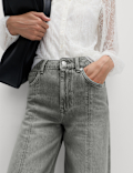 Mid Rise Seam Front Wide Leg Jeans