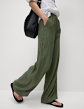Viscose Rich Crinkle Elasticated Waist Wide Leg Trousers