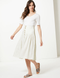 Pure Linen Checked A-Line Midi Skirt