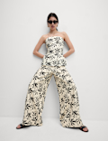 Linen Rich Printed Wide Leg Trousers