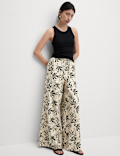 Linen Rich Printed Wide Leg Trousers