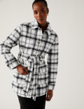 Checked Textured Belted Shacket with Wool