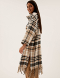 Checked Fringed Funnel Neck Coat with Wool