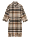 Checked Fringed Funnel Neck Coat with Wool
