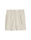 Linen Blend High Waisted Pleat Front Shorts