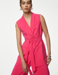 Satin Look Belted Longline Waistcoat
