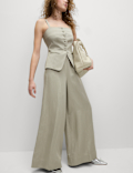 Linen Blend Twill Palazzo Trousers