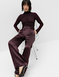Satin Pleated Straight Leg Trousers