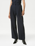 Pinstripe Pleat Front Wide Leg Trousers