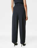 Pinstripe Pleat Front Wide Leg Trousers