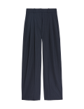 Pinstripe Pleat Front Wide Leg Trousers