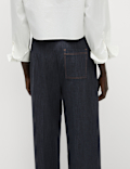 Cotton Blend Denim Look Wide Leg Trouser