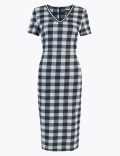 Jersey Gingham V-Neck Midi Tailored Dress