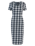 Jersey Gingham V-Neck Midi Tailored Dress