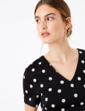Jersey Polka Dot V-Neck Knee Length Dress