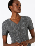 Jersey Checked V-Neck Midi Tailored Dress