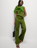Plisse Drawstring Wide Leg Trousers