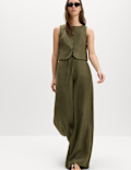 Linen Rich Twill Drawstring Wide Leg Trousers