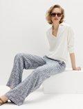 Linen Blend Pinstripe Wide Leg Trousers
