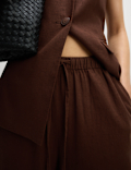 Linen Blend Drawstring Wide Leg Trousers