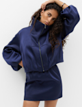 Satin Blouson Sleeve Cropped Bomber Jacket
