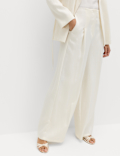 Single Pleat Wide Leg Trousers with Linen