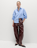 Leather Look Textured Barrel Leg Trousers