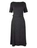 Belted Herringbone Fit & Flare Midi Dress