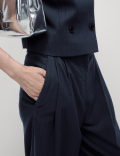 Pinstripe Pleat Front Wide Leg Trousers