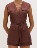 Belted Utility Longline Waistcoat with Linen