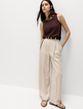Linen Blend Pleat Front Wide Leg Trousers