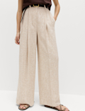 Linen Blend Pleat Front Wide Leg Trousers