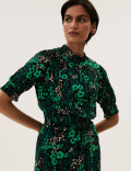 Floral High Neck Shirred Midi Waisted Dress
