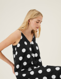 Linen Rich Polka Dot V-Neck Slip Dress