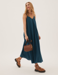 Linen Rich V-Neck Pleated Midi Slip Dress