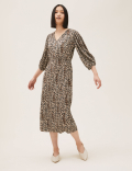 Jersey Plisse Animal Print Midi Dress