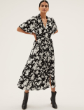 Floral V-Neck Angel Sleeve Midi Wrap Dress