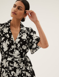 Floral V-Neck Angel Sleeve Midi Wrap Dress