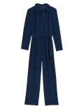 Star Print Tie Neck Belted Jumpsuit