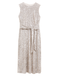 Sequin Round Neck Tie Front Midi Tea Dress