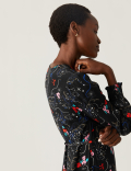 Floral V-Neck Blouson Sleeve Midi Tea Dress